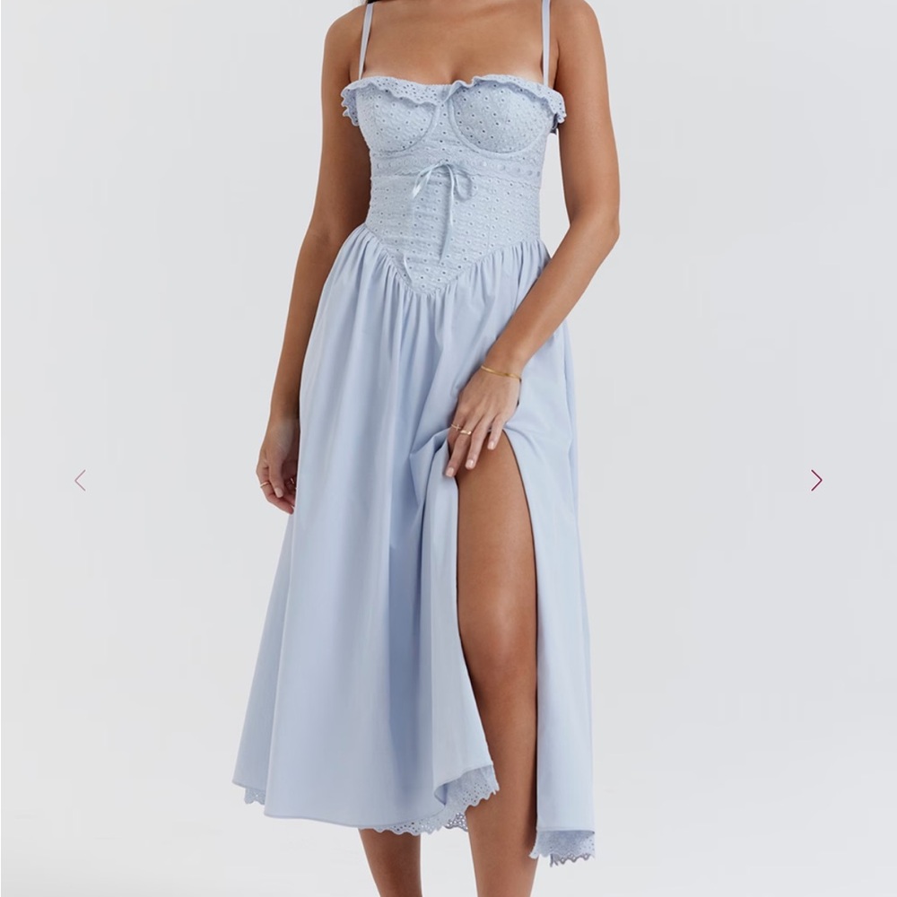 House of CB JAIME Soft Blue Cotton Broderie Anglais Midi Sundress